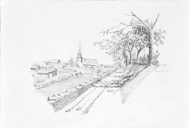 Vue d'ensemble, depuis le sud, de l'église avec son ancien clocher. Dessin exécuté par la marquise de Grave et portant la date '9 juillet 1863'.