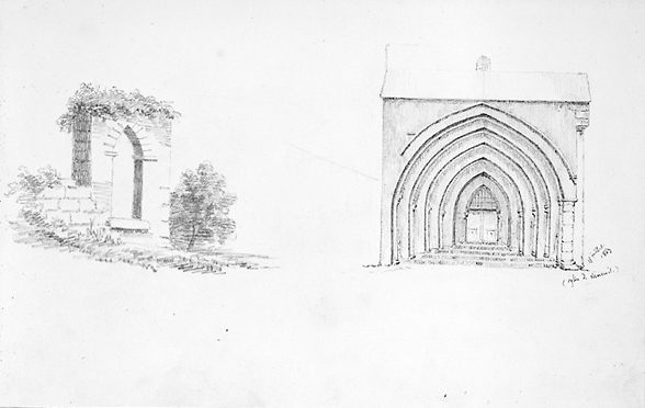 Ensemble de deux dessins. Celui de gauche n'est pas identifié ; celui de droite représente le portail sud de l'église de Verneuil-sur-Vienne. Dessin exécuté par la marquise de Grave et portant la date '15 juillet 1863'.