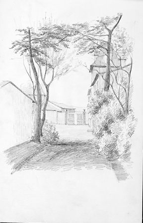 Allée est menant au château et, en arrière-plan, portail donnant accès à la cour de ferme. Dessin exécuté vers 1862 par la marquise de Grave.