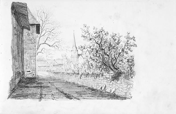 Vue partielle de l'église, avec son ancien clocher, depuis le chemin longeant le château de Pennevayre. Dessin exécuté vers 1863 par la marquise de Grave.