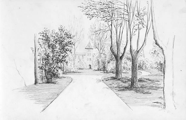 Vue éloignée du château, depuis le sud, avec une ancienne allée du parc en premier plan. Dessin exécuté vers 1863 par la marquise de Grave.
