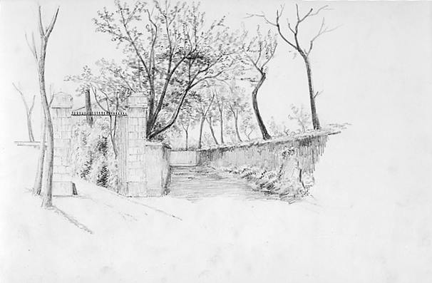 Portail d'entrée situé à l' est et ouvrant sur l'allée menant au château. Dessin exécuté vers 1862 par la marquise de Grave.