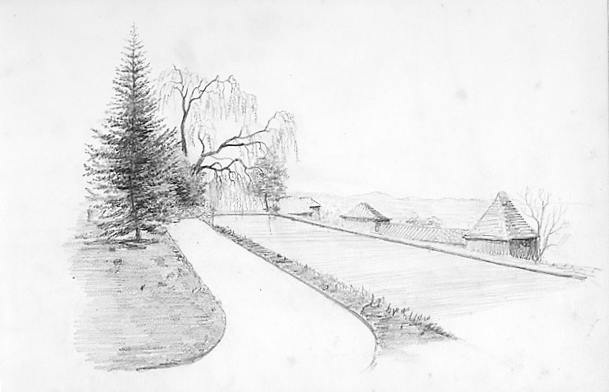 Canal ou rivière anglaise du parc, avec, en arrière-plan, la toiture du château de Pennevayre. Dessin exécuté vers 1862 par la marquise de Grave.