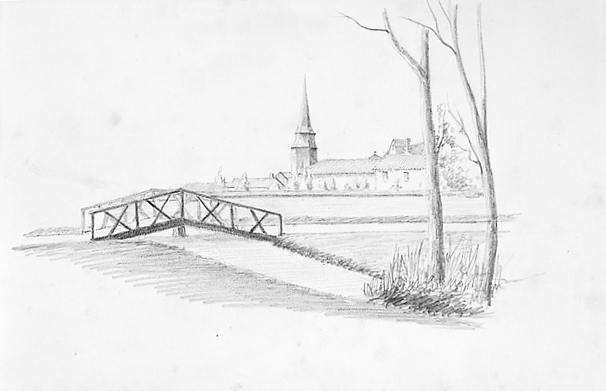 Canal ou rivière anglaise du parc et son pont, avec, en arrière-plan, l'église et l'ancien château de la prévôté. Dessin exécuté vers 1862 par la marquise de Grave.