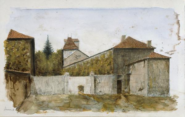 Vue d'ensemble, depuis l'ouest, de la ferme, avec le portail ouvrant sur le village et, en arrière-plan, le corps central du château, en forme de tour. Dessin exécuté par la marquise de Grave.