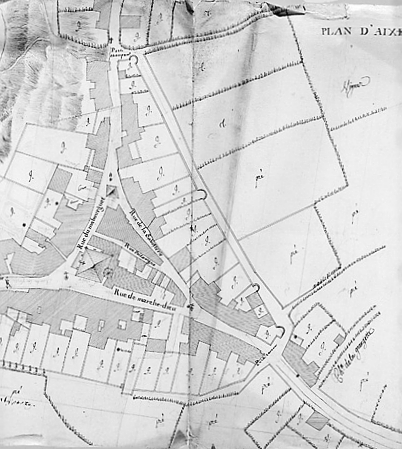 Plan de la ville d'Aixe-sur-Vienne. Plan non daté, vers 1770. Détail du quartier de l'église.