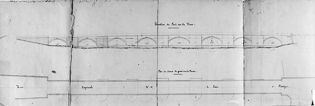 Route impériale n° 21 de Paris à Barèges. Plan concernant la restauration des fondations du pont d'Aixe-sur-Vienne et élargissement du pont établi sur l'Aixette en même lieu dressé par Massaloux et daté du 11 août 1863. Détail concernant le pont (élévation et plan).