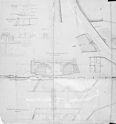 Aixe-sur-Vienne. Projet de restauration des fondations du pont d'Aixe-sur-Vienne et élargissement du pont établi sur l'Aixette au même lieu. Projet dressé par Massaloux le 11 avril 1863. Détails concernant le pont de l'Aixette (plan, coupes, élévation).