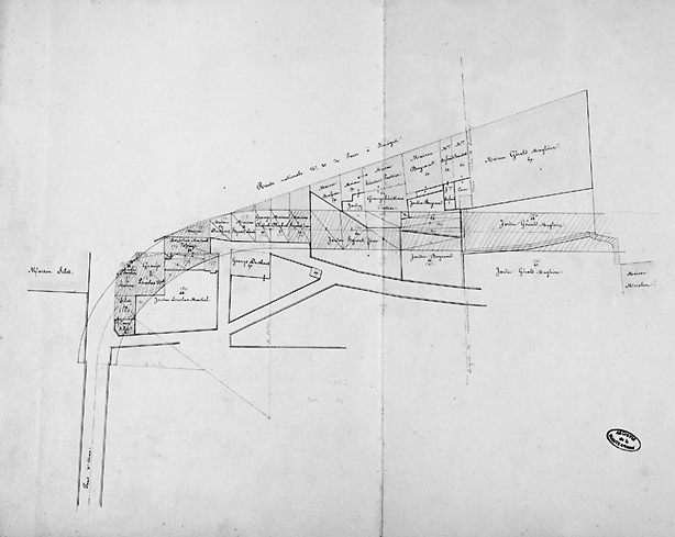 Projet d'élargissement du pont d'Aixe-sur-Vienne. Plan des abords dans le quartier Outre-Vienne. Plan 'daté 1881' et dressé par A. Bonne.