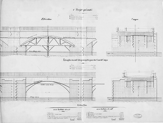 Projet d'élargissement du pont. Premier projet dressé par l'ingénieur A. Bonne, le 27 août 1881. Elévation et coupe.