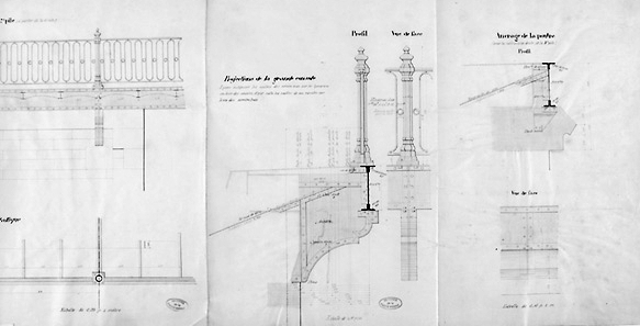 Projet d'élargissement du pont d'Aixe dressé le 28 février 1883 par l'ingénieur ordinaire. Détail d'une grande console (profil, vue de face) et de l'ancrage d'une poutre (profil, vue de face).