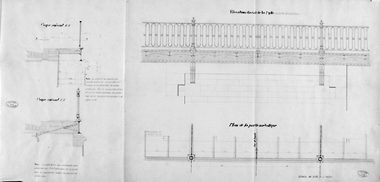 Projet d'élargissement du pont dressé le 28 février 1883 par l'ingénieur ordinaire. Coupes, élévation d'aval de la 7e pile, plan de la partie métallique.