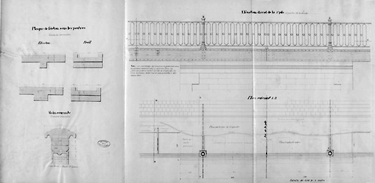 Projet d'élargissement du pont dressé le 28 février 1883 par l'ingénieur ordinaire. Plaque de friction sous les poutres (élévation et profil). Main courante (profil). Elévation et plan d'aval de la 5e pile.