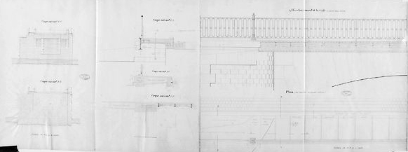 Projet d'élargissement du pont dressé le 28 février 1883 par l'ingénieur ordinaire. Coupes, élévation au niveau de la 4e pile en partant de la droite, plan.