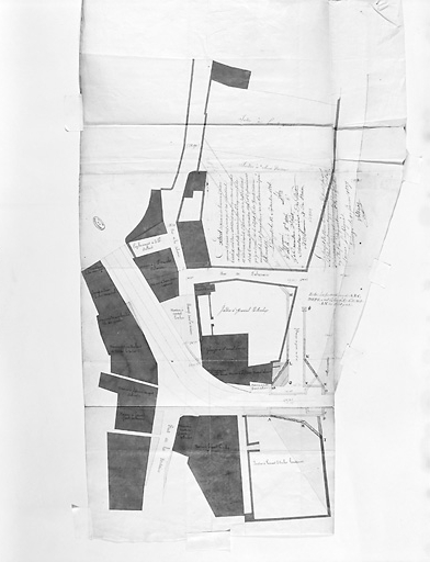 Plan de la traverse de la ville d'Aixe-sur-Vienne. (2ème feuille). Concerne le pont de la Vienne, la partie nord-ouest du quartier Outre-Vienne et le quartier du confluent de la Vienne et de l'Aixette. Plan daté ' 25 janvier 1825'. Détail de la partie nord-ouest du quartier Outre-Vienne.