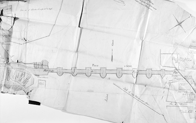 Plan minute de la traverse d'Aixe-sur-Vienne (route n° 18, de 1ère classe de Paris à Barèges). Levé en 1809 par Courteau. Détail du pont.