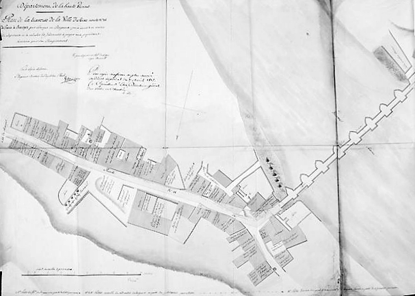 Plan de la traverse d'Aixe, route n° 24 de Paris à Barèges, par Limoges et Périgueux pour servir à en arrêter les alignements et à calculer les indemnités à payer aux propriétaires riverains pour son élargissement. Plan daté 17 avril 1812 et signé 'Vallat'. Détail du quartier Outre-Vienne.