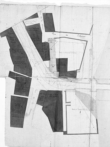 Plan de la traverse d'Aixe-sur-Vienne. (2ème feuille). Concerne le pont de la Vienne, la partie nord-ouest du quartier Outre-Vienne et le quartier du confluent de la Vienne et de l'Aixette. Plan daté '20 février 1823' et signé 'L. Obligeois'. Détail concernant la partie nord-ouest du quartier Outre-Vienne.