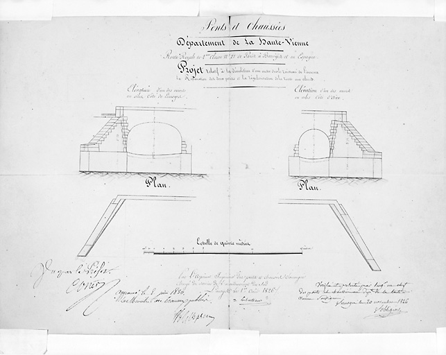 Projet relatif à la démolition d'une arche sur le ruisseau de l'Aurence, la réparation des deux petites et la régularisation de la route aux abords. Projet comportant deux élévations et deux plans, dressé le 20 novembre 1826 par L. Obligeois.