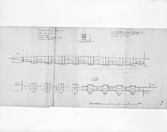 Plan concernant le pont (coupe, élévations, plans), s.d., avant 1834.