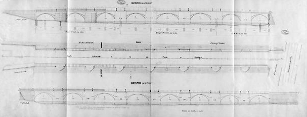 Plan concernant le pont avec élévations côté aval et côté amont et plan. Sans date (après 1834, à dater peut-être de 1863).