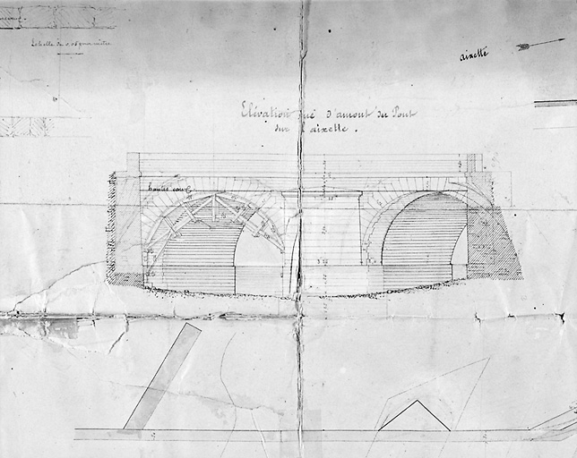 Projet de restauration des fondations du pont d'Aixe-sur-Vienne et élargissement du pont établi sur l'Aixette au même lieu. Projet dressé par Massaloux le 11 avril 1863. Détail concernant le pont de l'Aixette (élévation).