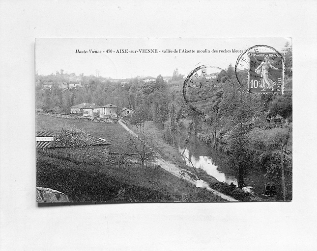 Moulin sur l'Aixette. Moulin Séguy dit moulin des Roches-Bleues. Vue d'ensemble depuis l'est.