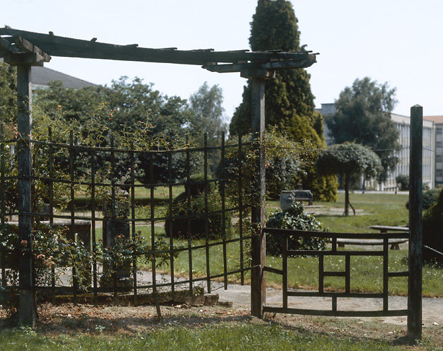Vue partielle de la roseraie avec pergola en premier plan.