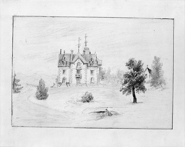 Dessin au crayon représentant le château, la chapelle à droite et un lavoir au premier plan.