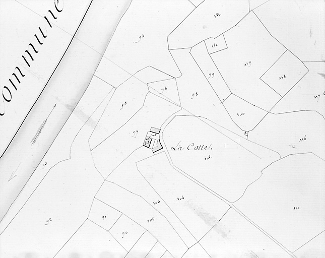 Extrait de l'ancien cadastre (vers 1827) représentant le village de la Côte avant la construction du château.