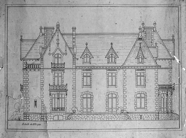 Projet de construction du château (mai-juin 1891) dressé par l'architecte Jules Texier. Façade principale (côté de la Vienne) : projet définitif.