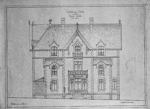 Projet de construction du château (mai-juin 1891) dressé par l'architecte Jules Texier. Façade latérale (côté est). Premier projet, 13 juin 1891.