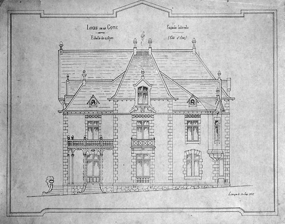 Projet de construction du château (mai-juin 1891) dressé par l'architecte Jules Texier. Façade latérale (côté Aixe). Premier projet. 13 Juin 1891.