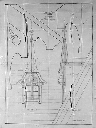 Projet de construction du château (mai-juin 1891) dressé par l'architecte Jules Texier. Détail d'une lucarne sur petit salon et lingerie, 18 janvier 1891.