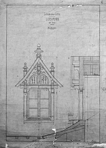 Projet de construction du château (mai-juin 1891) dressé par l'architecte Jules Texier. Détail d'une lucarne, 23 octobre 1891.