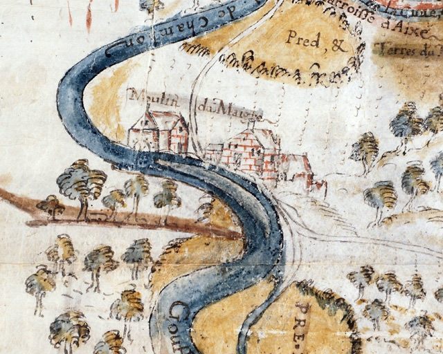 Plan concernant des moulins des communes de Saint-Martin-le-Vieux et d'Aixe-sur-Vienne. Détail du moulin appelé moulin 'du Maigre' (vraisemblablement l'actuel moulin Japaud).