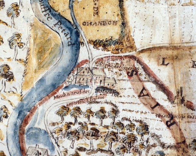 Plan concernant des moulins des communes de Saint-Martin-le-Vieux et d'Aixe-sur-Vienne. Détail du moulin dit 'moulin neuf des Masneufs'.