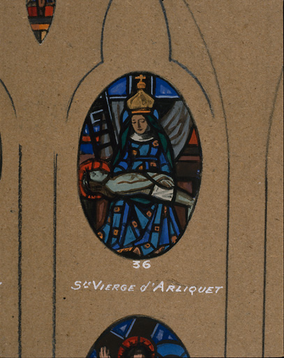 Détail d'un médaillon de maquette de vitrail représentant Notre-Dame d'Arliquet.