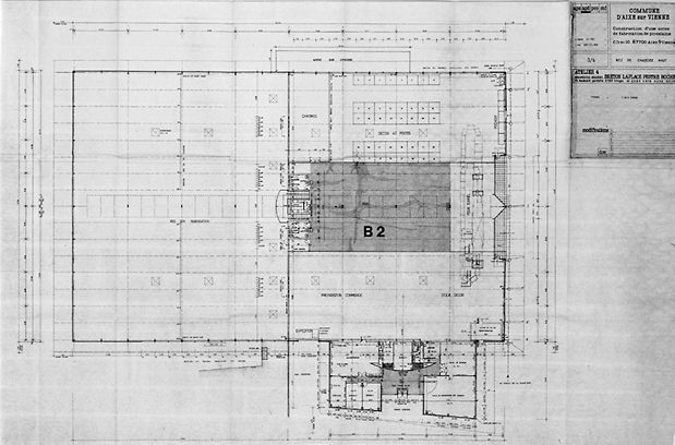 Projet de construction dressé par l'Atelier 4 de Limoges (architectes : Breton, Laplace, Pestre et Roche) en 1989. Plan du rez-de-chaussée haut.