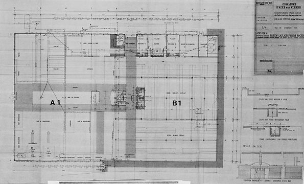 Projet de construction dressé par l'Atelier 4 de Limoges (architectes : Breton, Laplace, Pestre et Roche) en 1989. Plan du rez-de-chaussée bas et détails (3 coupes et une élévation).