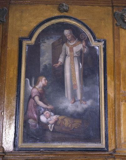 2 tableaux : saint Pardoux bénissant un enfant au berceau, l'Annonciation