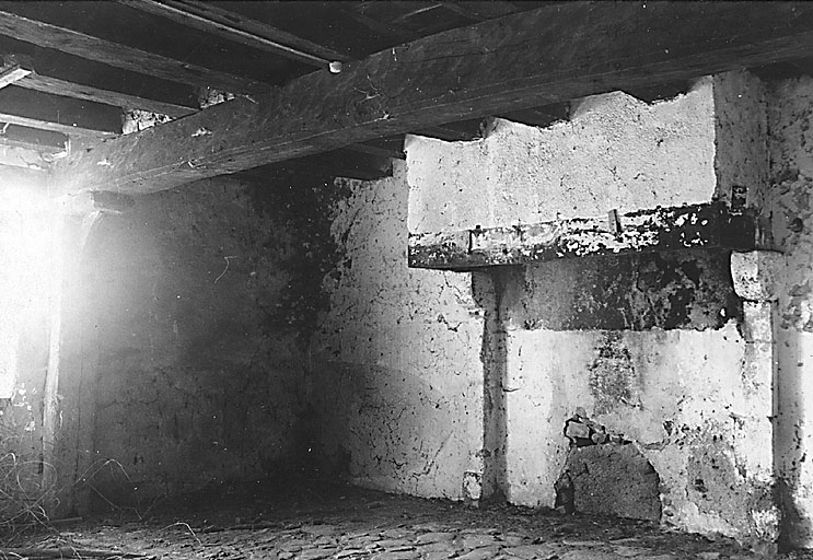 Logis. Rez-de-chaussée, vue partielle d'une pièce et de sa cheminée.