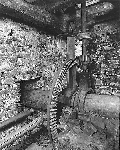 Rez-de-chaussée. Mécanisme du moulin : arbre-rouet à alluchons de bois et arbre vertical des meules.
