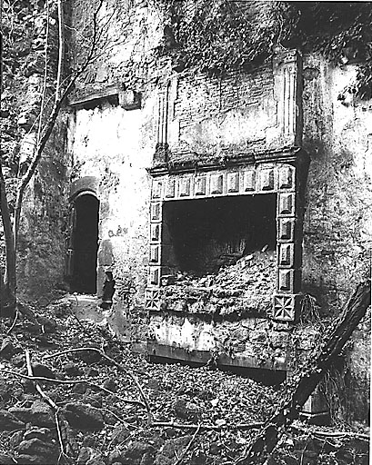 Premier étage, pièce sud, vue générale prise du nord-ouest montrant la grande cheminée à trumeau du premier quart du 17e siècle, à gauche de la cheminée, passage vers des latrines aménagées dans l'épaisseur du mur.