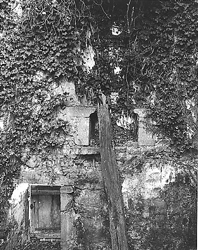 Partie sud, vue intérieure du mur est, au rez-de-chaussée : porte extérieure au sud de la cage d'escalier, au premier étage : fenêtre à coussiège.