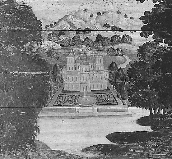 Premier étage. Aile nord, pièce est, ébrasement de la fenêtre nord. Panneau supérieur, côté gauche. Le décor du panneau représente un paysage champêtre, avec en arrière-plan, un château précédé d'un jardin à la française et d'un étang. Détail du château et de son environnement.