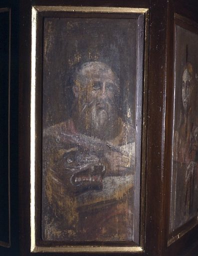 Détail d'un panneau peint de la cuve représentant saint Marc et le lion.