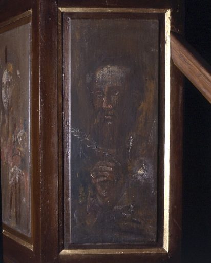 Détail d'un panneau peint de la cuve représentant saint Luc.