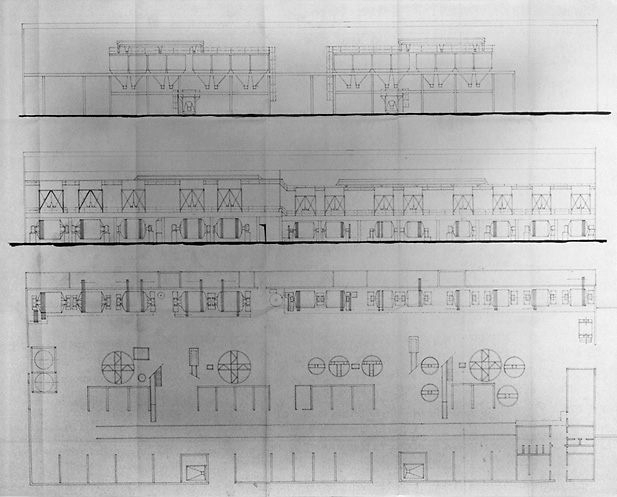 Bâtiment K ou atelier de broyage construit en 1975. Coupe longitudinale avec cuves au premier niveau, broyeurs, au deuxième niveau et trémies, au troisième niveau.