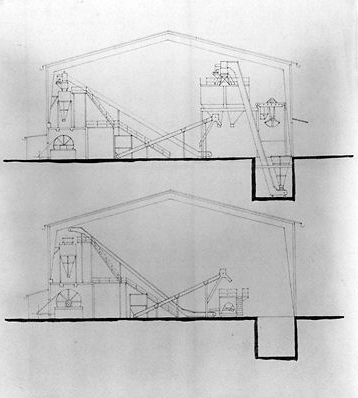 Bâtiment K ou atelier de broyage construit en 1975. Coupe supérieure avec réception des matières premières, silos de stockage. Coupe inférieure avec pesage; alimentation des trémies sur broyeurs.